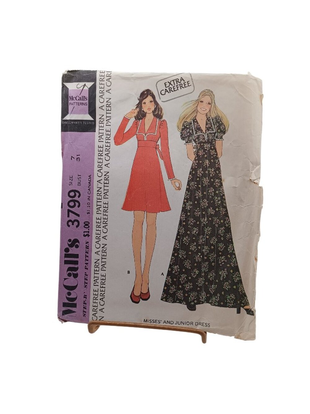 McCalls 3799 Misses & Junior Dress Sewing Pattern Size 7 1973 Vintage Care